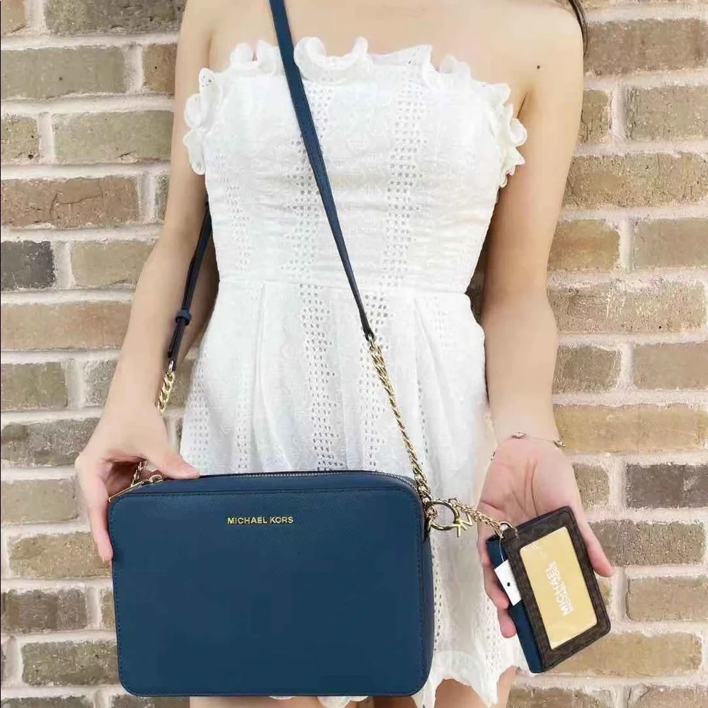 Michael Kors Navy Blue Crossbody Camera Bag with Brown Card Holder